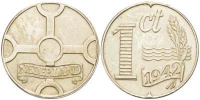 НИДЕРЛАНДЫ 1 ЦЕНТ 1942 РЕСТРАЙК, ДИАМЕТР 18 ММ. белый металл UNC 211-668