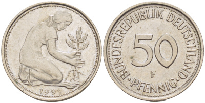 ФРГ 50 ПФЕННИГОВ 1991 F KM 109.2, J. 384а медно-никель 4182-1013