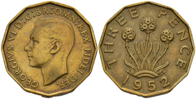 Великобритания 3 пенса 1952 Георг VI (1936-1952), второй выпуск KM 873, Spink 4113 никель латунь 4153-727