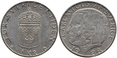 Швеция 1 крона 1988 Карл XVI Густав (1973- ) KM 852a медно-никель 4397-1226