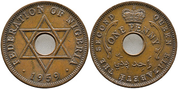 Нигерия 1 пенни 1959 Елизавета II (1952-), Британский протекторат KM 2 бронза 51-2333