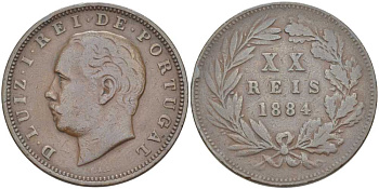 ПОРТУГАЛИЯ 20 РЕЙС 1884 ЛУИШ (ЛЮДОВИК) I (1861-1889) KM 527 бронза 111-926