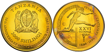 Танзания 2000 шиллингов 1996 XXVI Олимпийские игры 1996 года в Атланте, 100 лет Олимпийскому движению, бег с барьерами, пробник, гладкий гурт латунь PROOF 06-135-31
