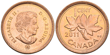 Канада 1 цент 2011 Елизавета II (1952-2022), кленовый лист KM 490 цинк плакированный медью 4609-426