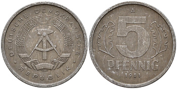 ГДР 5 пфеннигов 1981 A KM 9.2 алюминий 218-1211