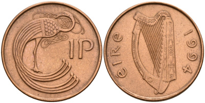 Ирландия 1 пенни 1994 мифологическая птица лира KM 20a бронза 4141-244