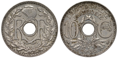 Франция 10 сантимов 1935 тип Lindauer KM 866а, Le Franc 138.22 медно-никель 4128-152