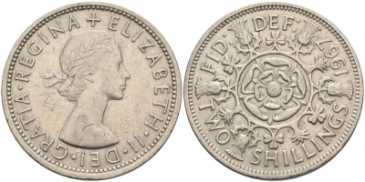 Великобритания 2 шиллинга (флорин) 1967 Елизавета II (1952-2022) KM 906, Spink 4146 медно-никель 4587-941