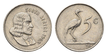 ЮАР 5 центов 1965 Ян ван Рибек (1619-1677), South Africa, легенда на англинском, райский журавль KM 67.1 медно-никель 4694-368