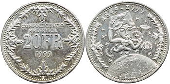 Швейцария 20 франков 1999 В, 150 лет Швейцарской почтовой службе KM 85 серебро UNC 1524-733