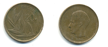 БЕЛЬГИЯ 20 ФРАНКОВ 1980 BELGIE, БОДУЭН I (1951-1993) KM 160 никель бронза 86-1412