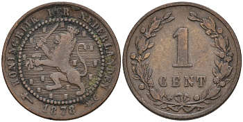 Нидерланды 1 цент 1878 Виллем III (1849-1890) KM 107 бронза 4576-529