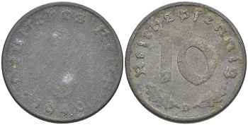 ГЕРМАНИЯ 10 РЕЙХСПФЕННИГОВ 1940 D KM 101, J. 371 цинк 210-733