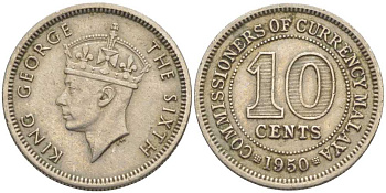 Британская Малайя 10 центов 1950 Георг VI (1937-1952) KM 8 медно-никель 116-911