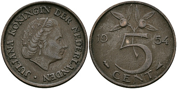 НИДЕРЛАНДЫ 5 ЦЕНТОВ 1954 ЮЛИАНА KM 181 бронза 95-312