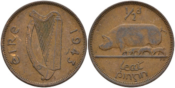 Ирландия 1/2 пенни 1943 свинья с поросятами KM 10 бронза 4146-541