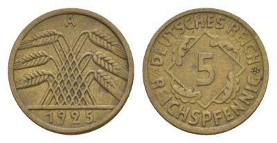 Германия 5 рейхспфеннигов 1925 A KM 39, J. 316 алюминиевая бронза 4659-151