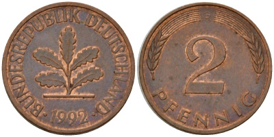 ФРГ 2 пфеннига 1992 G KM 106a, J.381 сталь плакированная медью 4602-822