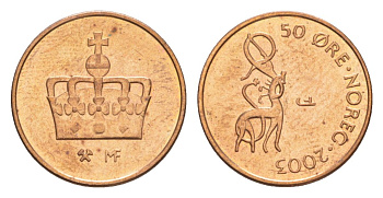 Норвегия 50 эре 2003 Харальд V (1991-) KM 460 бронза UNC 4632-1258
