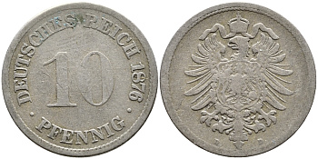 ГЕРМАНИЯ 10 ПФЕННИГОВ 1876 D, СТАРОГЕРБОВКА, KM 4, J. 4 медно-никель 83-1825