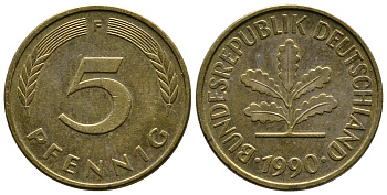 ФРГ 5 ПФЕННИГОВ 1990 F KM 107, J. 382 сталь плакированная латунью 26-846