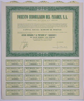 Испания акция на 1000 песет 1973 Fomento Inmobiliario del Panades, S.A., Барселона 1973, с купонами бумага 5544-12