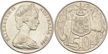 Австралия 50 центов 1966 Елизавета II (1952-2022), герб Австралии, кенгуру KM 67 серебро UNC 69-1023