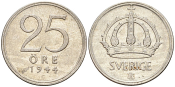Швеция 25 эре 1944 G, Густав V (1907-1950) KM 816 серебро 4147-956