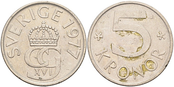 Швеция 5 крон 1977 U, Карл XVI Густав (1973- ) KM 853 медно-никель 4381-1025