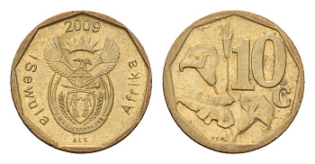 ЮАР 10 центов 2009 герб, цветок алоэ KM 465 сталь плакированная бронзой 4178-141