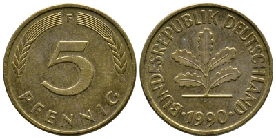 ФРГ 5 ПФЕННИГОВ 1990 F KM 107, J. 382 сталь плакированная латунью 26-846