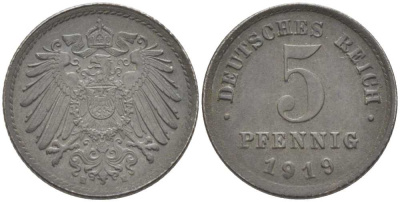 ГЕРМАНИЯ 5 ПФЕННИГОВ 1919 E KM 19, J. 297 железо 105-867
