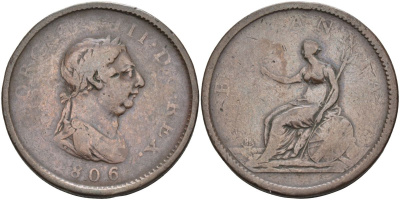 Великобритания 1 пенни 1806 Георг III (1760-1820) KM 663, Spink 3780 медь 4368-725