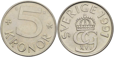 Швеция 5 крон 1991 D, Карл XVI Густав (1973- ) KM 853 медно-никель 4517-531