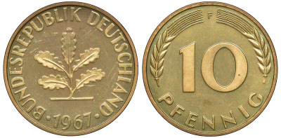 ФРГ 10 пфеннигов 1967 F J. 383, KM 108 сталь плакированная латунью PROOF 1099-4-15