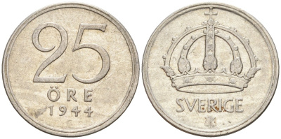 Швеция 25 эре 1944 G, Густав V (1907-1950) KM 816 серебро 4147-956