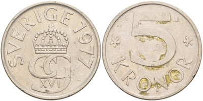 Швеция 5 крон 1977 U, Карл XVI Густав (1973- ) KM 853 медно-никель 4381-1025