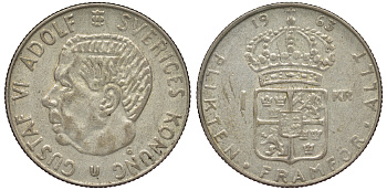 Швеция 1 крона 1963 U, Густав VI Адольф (1950-1973) KM 826 серебро 4178-455