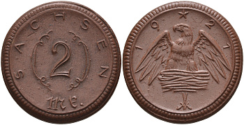 Саксония 2 марки 1921 J. N 56 фарфор 1094-1-45