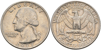 США 25 центов (квотер) 1977 Вашингтон KM A164a медь плакированная медно-никелем 4584-1051