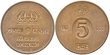 Швеция 5 эре 1966 U, Густав VI Адольф (1950-1973) KM 822 бронза 4119-413