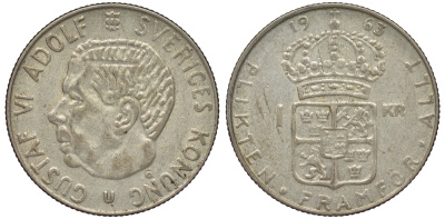 Швеция 1 крона 1963 U, Густав VI Адольф (1950-1973) KM 826 серебро 4178-455