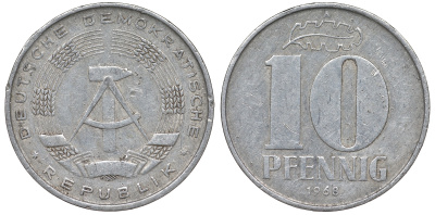 ГДР 10 пфеннигов 1968 A KM 10 алюминий 62-816