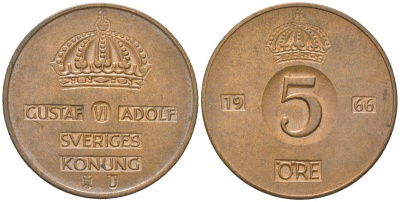 Швеция 5 эре 1966 U, Густав VI Адольф (1950-1973) KM 822 бронза 4119-413