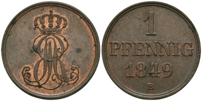 Ганновер 1 пфенниг 1849 B, Эрнст Август (1837-1851) KM 201.1, AKS 129, J. 74 медь 4608-1046