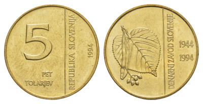 Словения 5 толаров 1994 50 лет банку Словении KM 15 латунь UNC 4660-136