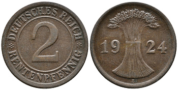 ГЕРМАНИЯ 2 РЕНТЕНПФЕННИГА 1924 E KM 31, J. 307 бронза 24-536