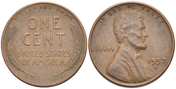 США 1 ЦЕНТ 1957 D, ЛИНКОЛЬН KM А132 медь цинк 218-714