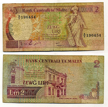 МАЛЬТА 2 ЛИРЫ 1967 (1994) ПОДПИСЬ GALDES Pick 45a бумага 8589-40-3-1
