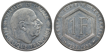 Франция 1 франк 1988 Шарль де Голль KM 963, Le Franc 227.2 никель 4128-356